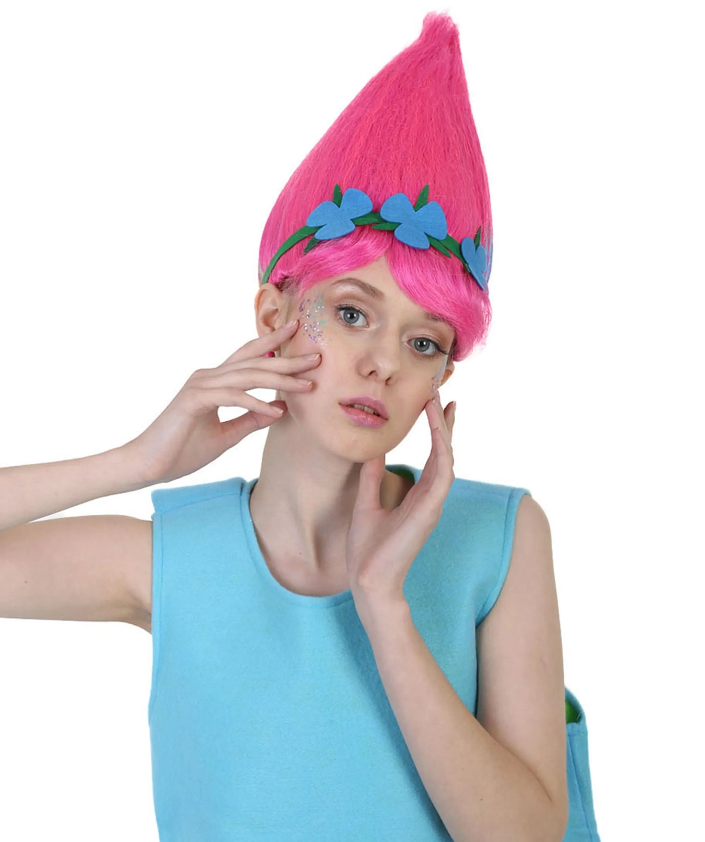 Princess Troll Pink Wig with Green and Blue Felt Flower Crown