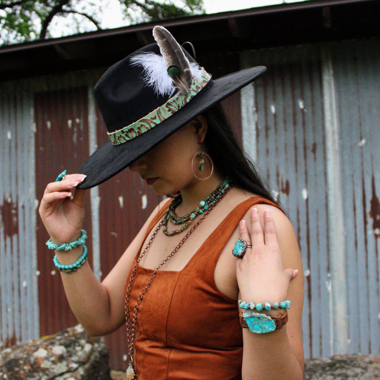 HuBei Turquoise and Copper Bead Hoop Earrings 224e