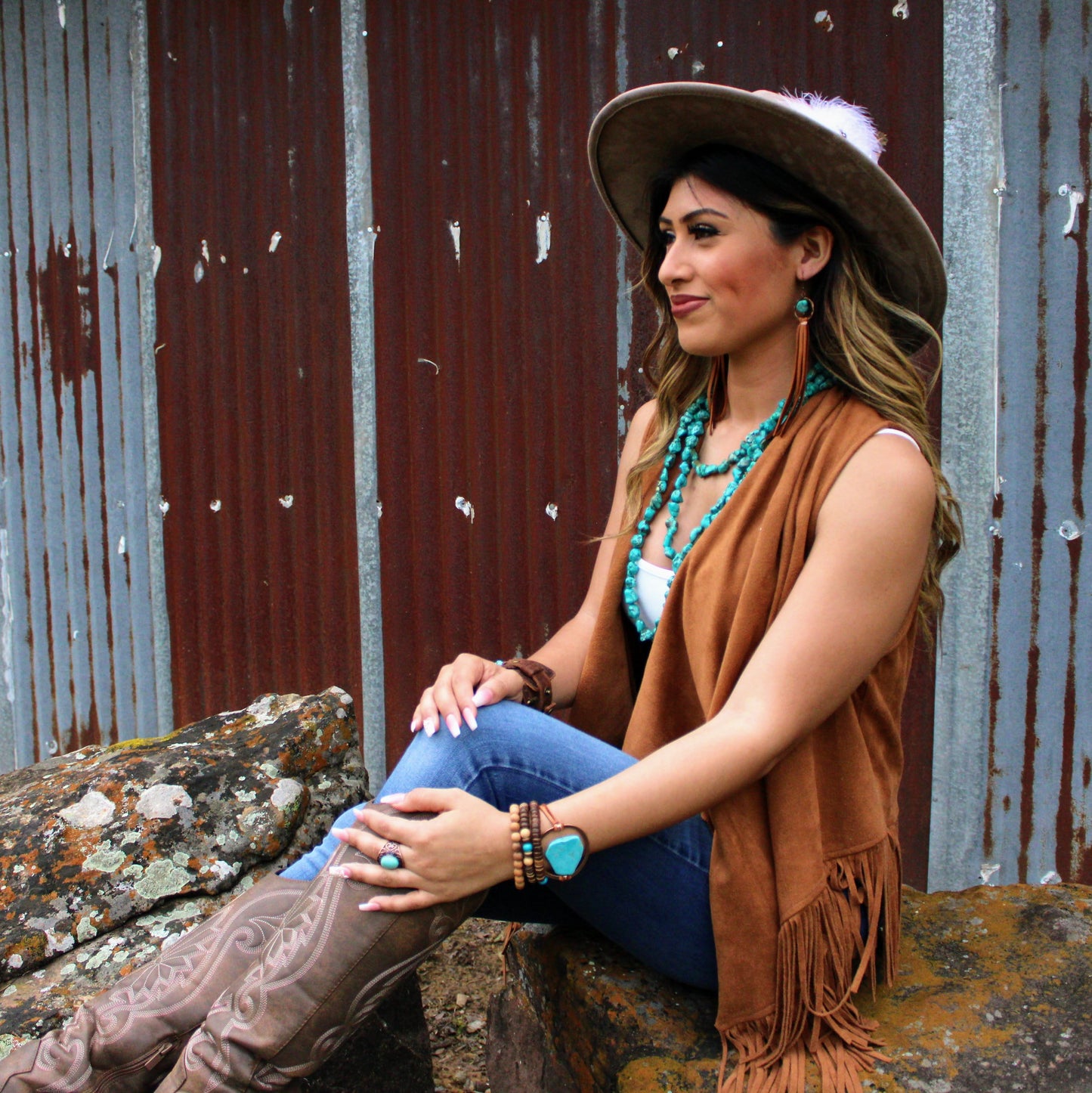 Turquoise Drop Earrings w/ Suede Leather Tassel 202s