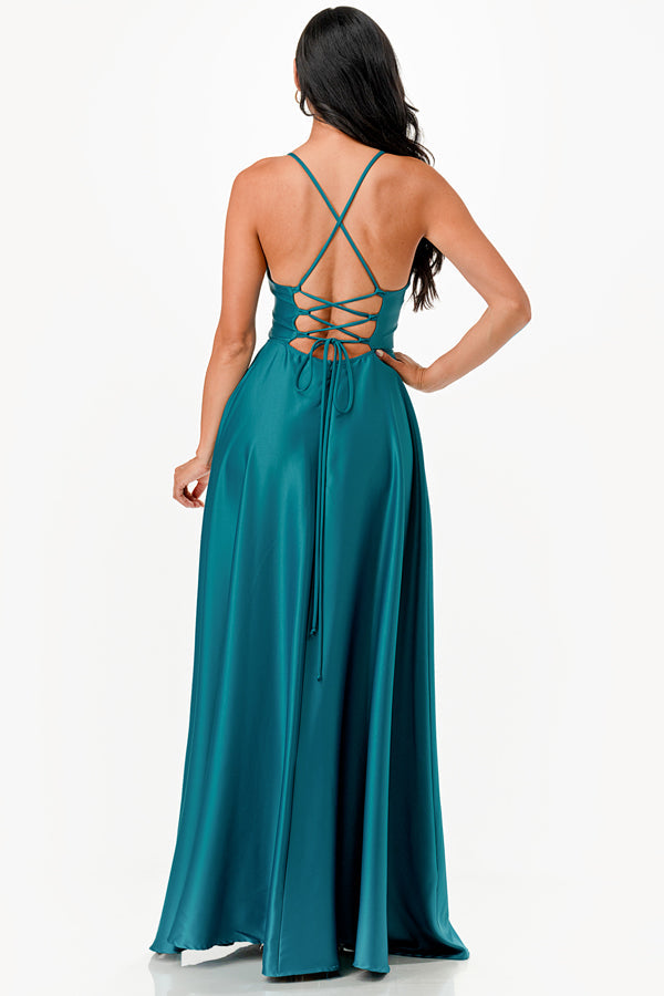 Open side back spaghetti zig zag tie stretch satin gown.