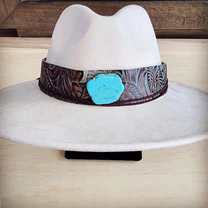 Wide Genuine Leather Brown Floral Hat Band w/ Turq 953q