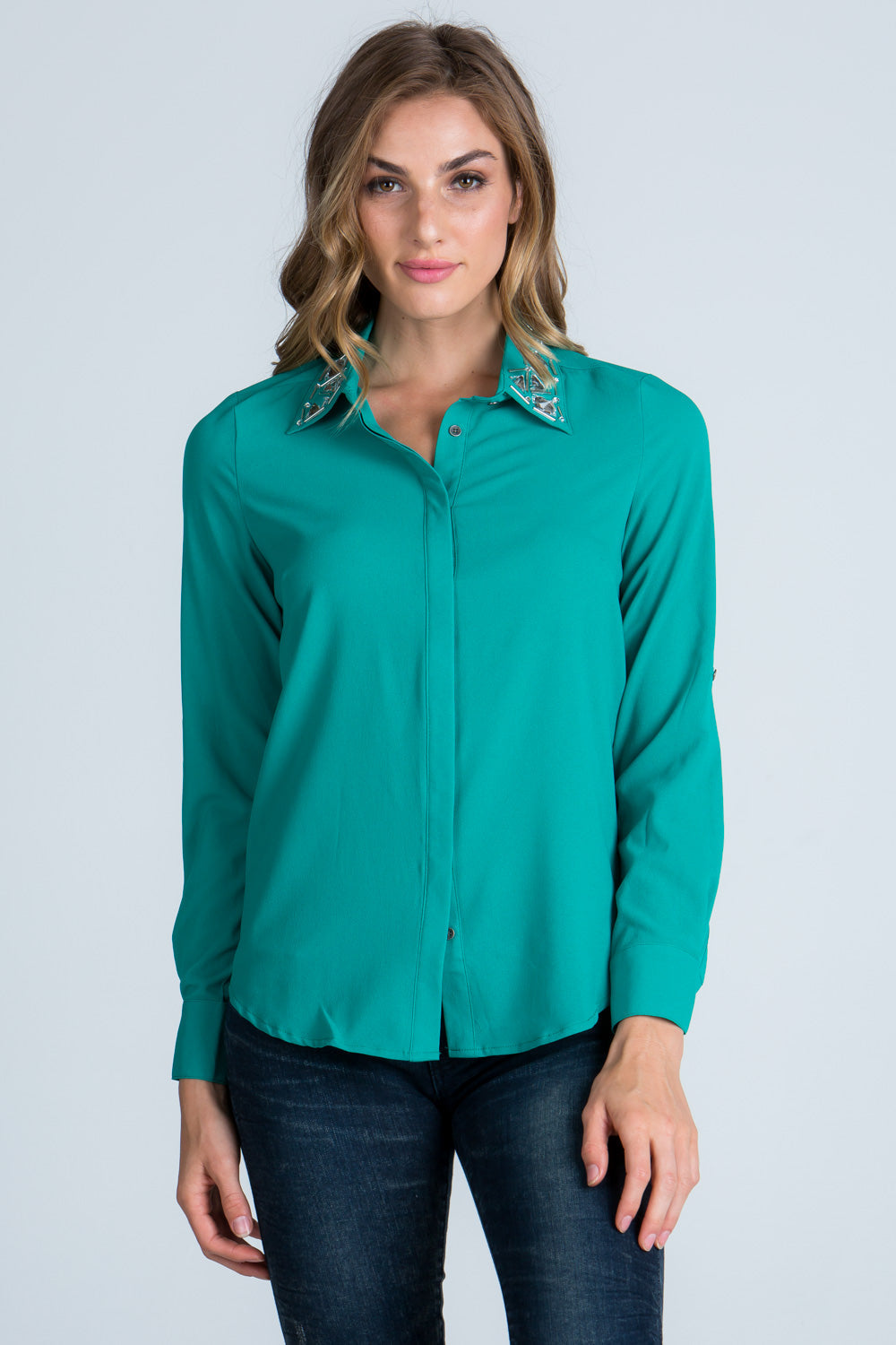 Solid, lightweight 3/4 sleeve button down blouse with embellished collar