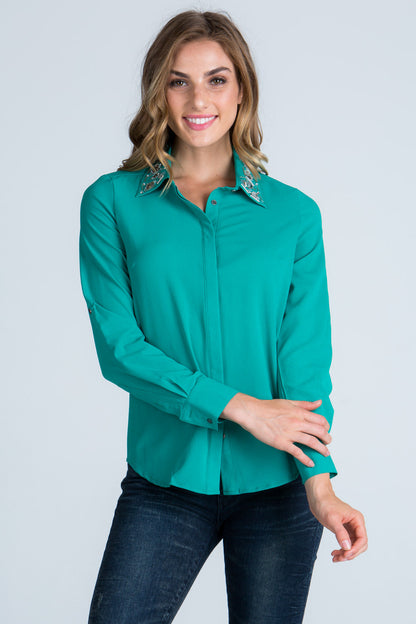 Solid, lightweight 3/4 sleeve button down blouse with embellished collar
