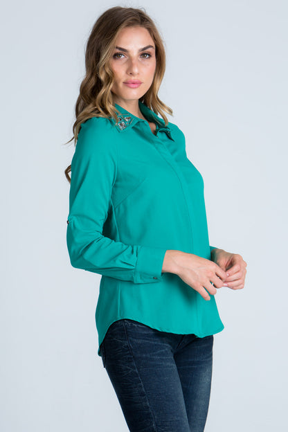 Solid, lightweight 3/4 sleeve button down blouse with embellished collar