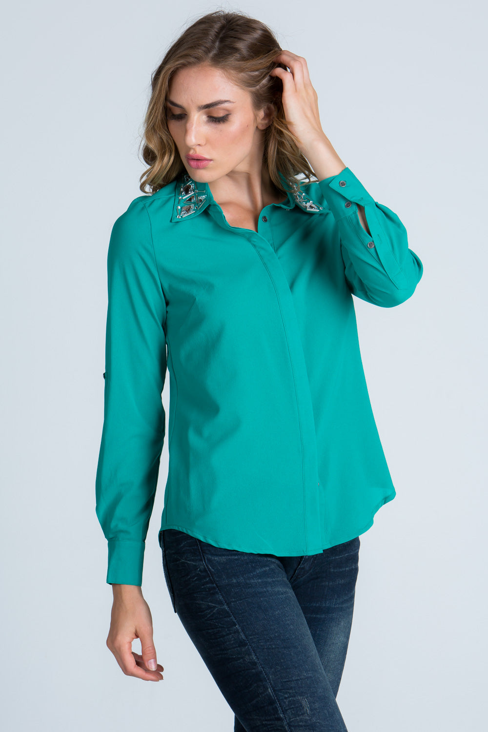 Solid, lightweight 3/4 sleeve button down blouse with embellished collar