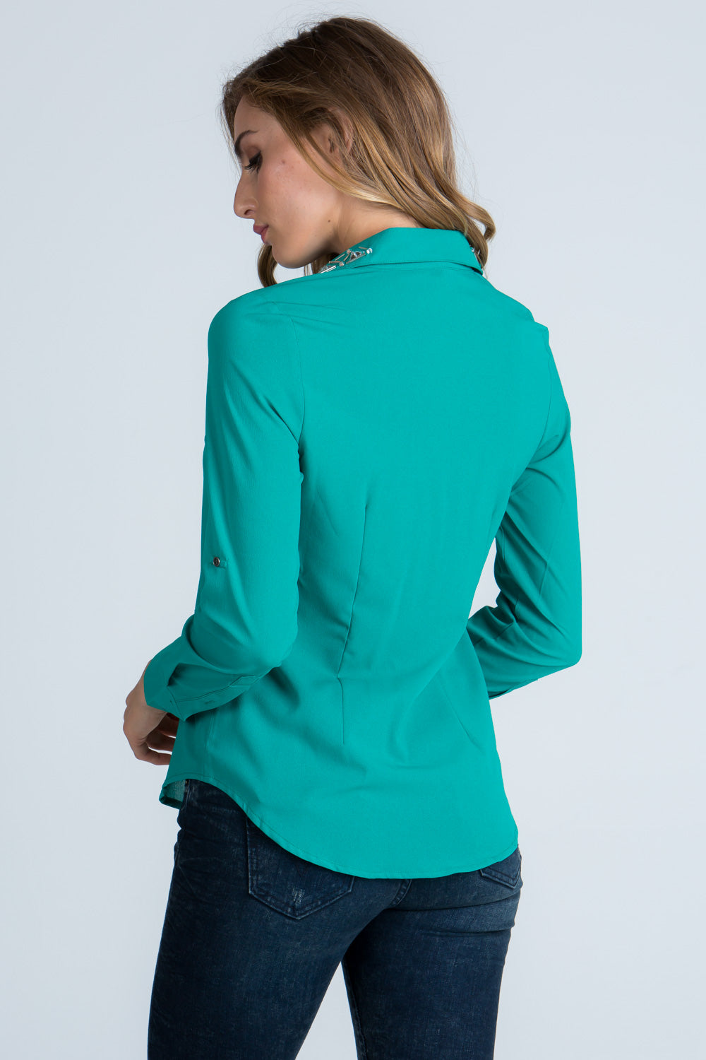Solid, lightweight 3/4 sleeve button down blouse with embellished collar