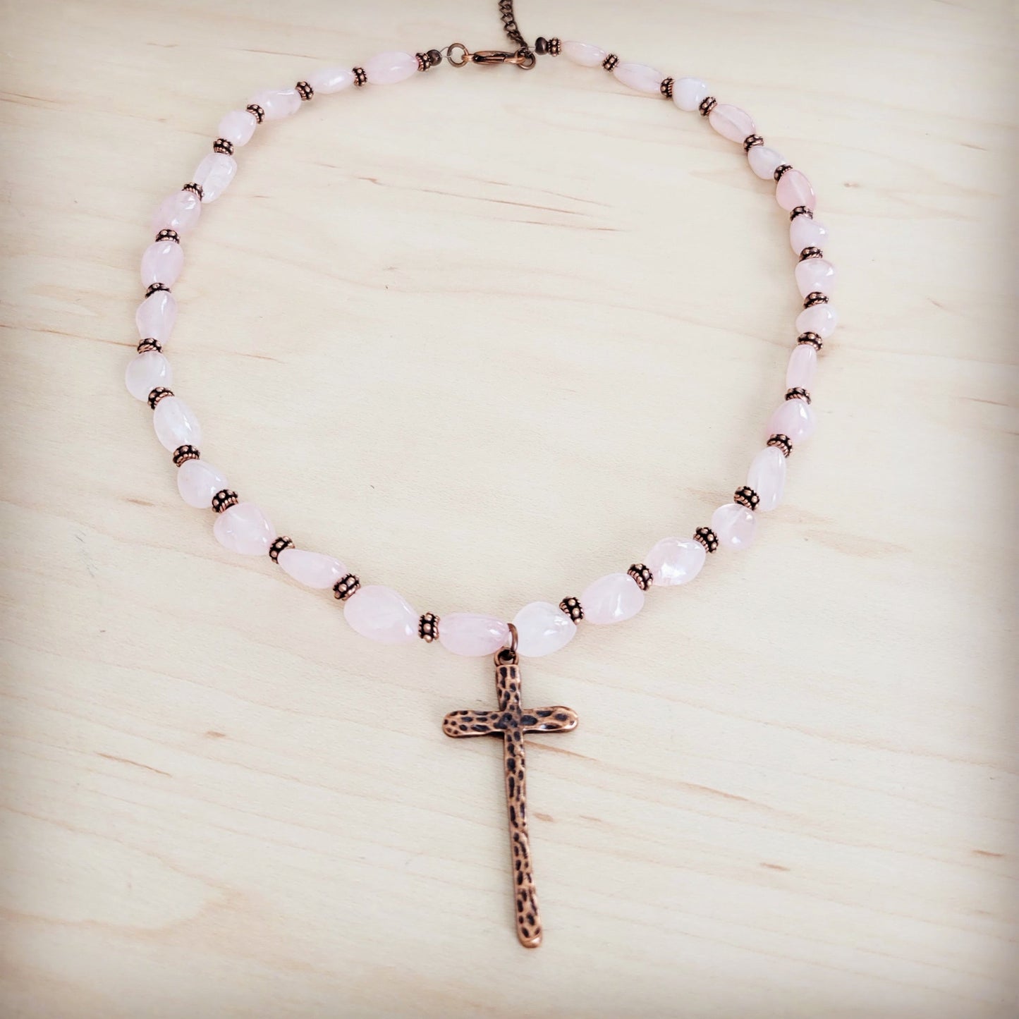 **Rose Quartz Collar Necklace w/ Copper Cross Pendant 263i