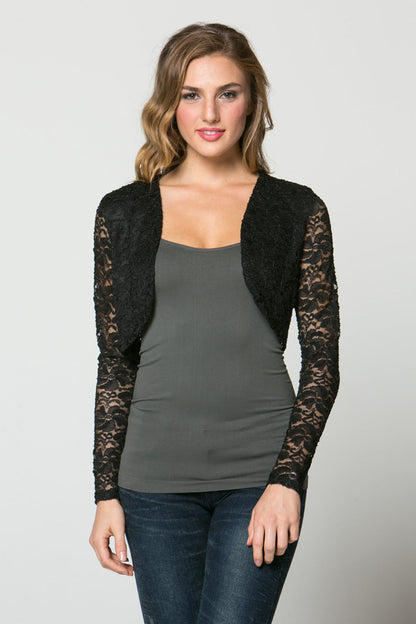 Lace, draped neckline, long sleeve, open front, cropped jacket. Lace shrug Evening bolero