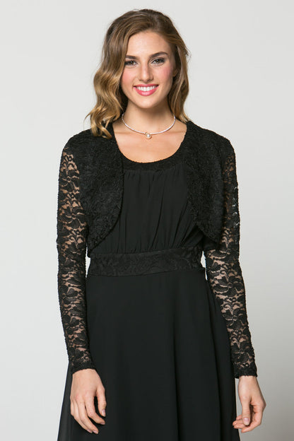 Lace, draped neckline, long sleeve, open front, cropped jacket. Lace shrug Evening bolero