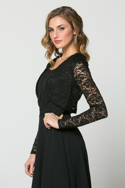 Lace, draped neckline, long sleeve, open front, cropped jacket. Lace shrug Evening bolero
