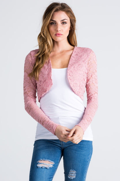 Lace, draped neckline, long sleeve, open front, cropped jacket. Lace shrug Evening bolero