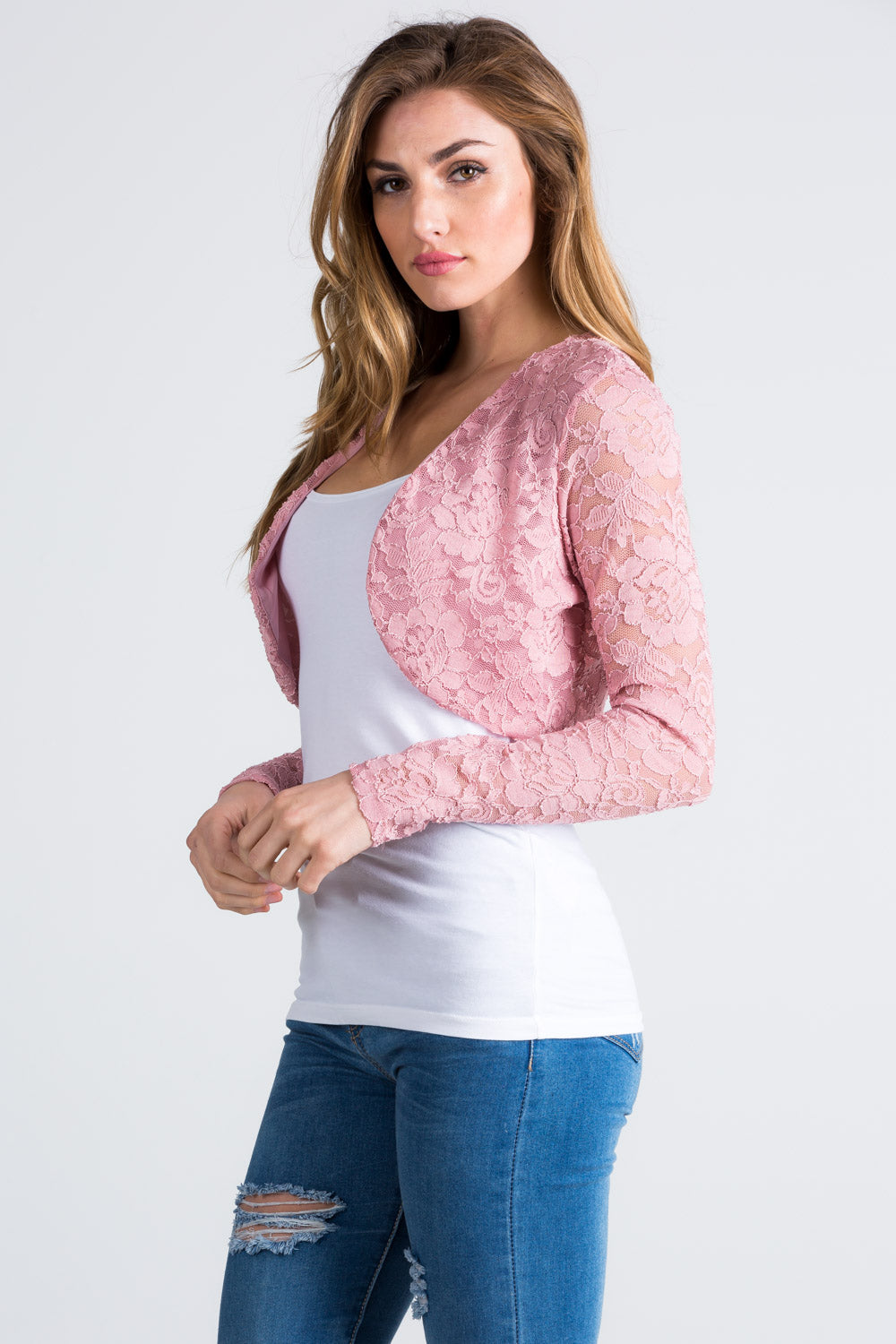 Lace, draped neckline, long sleeve, open front, cropped jacket. Lace shrug Evening bolero