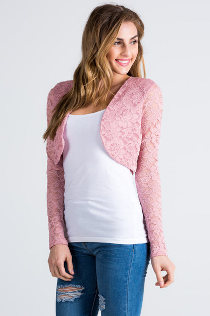 Lace, draped neckline, long sleeve, open front, cropped jacket. Lace shrug Evening bolero