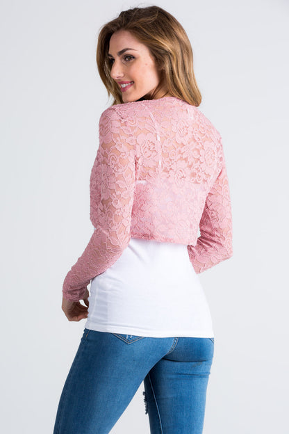 Lace, draped neckline, long sleeve, open front, cropped jacket. Lace shrug Evening bolero