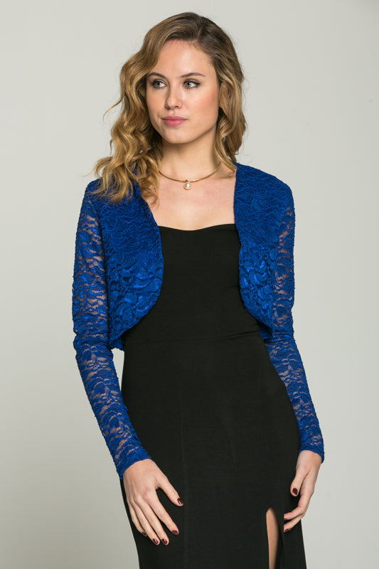Lace, draped neckline, long sleeve, open front, cropped jacket. Lace shrug Evening bolero