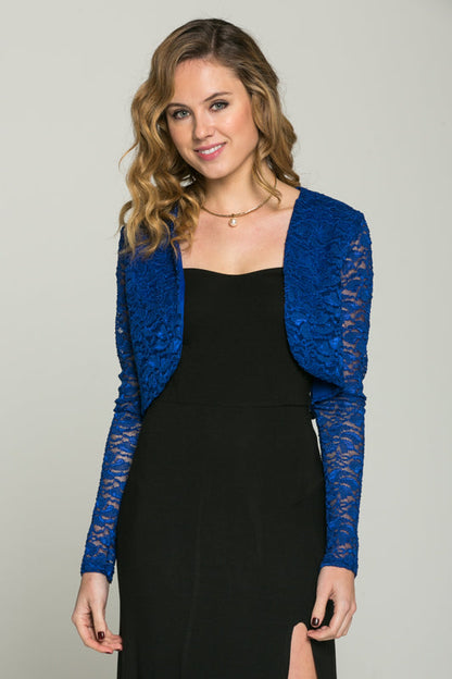 Lace, draped neckline, long sleeve, open front, cropped jacket. Lace shrug Evening bolero