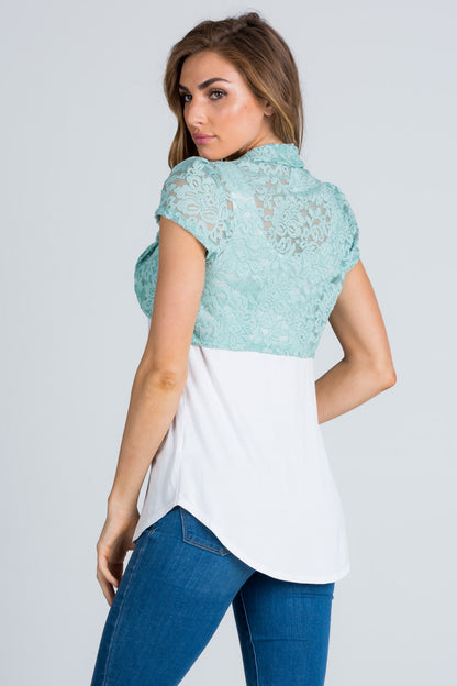 Crochet lace cropped shrug with open front and cap sleeves.