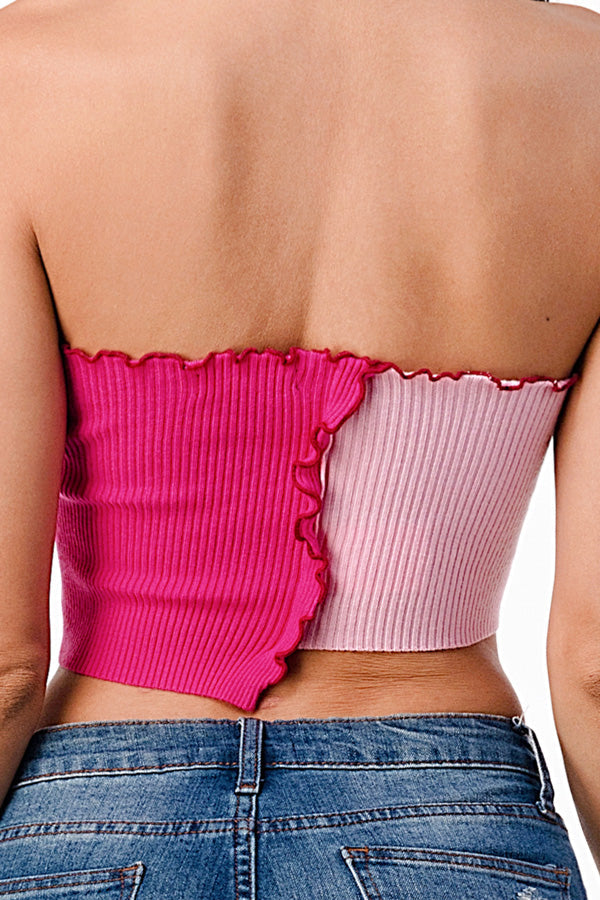 Asymmetric Contrast lettuce edge knit crop top. For the color name, first color is the longer/left side of the top.
