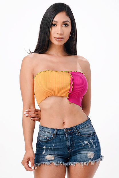 Asymmetric Contrast lettuce edge knit crop top. For the color name, first color is the longer/left side of the top.