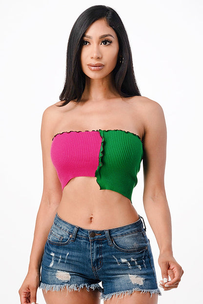 Asymmetric Contrast lettuce edge knit crop top. For the color name, first color is the longer/left side of the top.