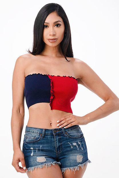 Asymmetric Contrast lettuce edge knit crop top. For the color name, first color is the longer/left side of the top.