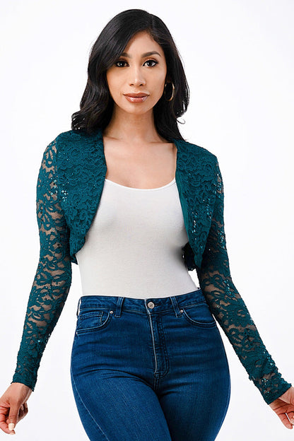 Sequence Lace, draped neckline, long sleeve, open front, cropped jacket. Lace shrug Evening bolero