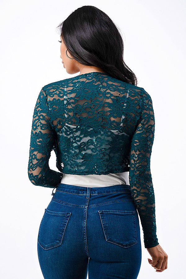 Sequence Lace, draped neckline, long sleeve, open front, cropped jacket. Lace shrug Evening bolero