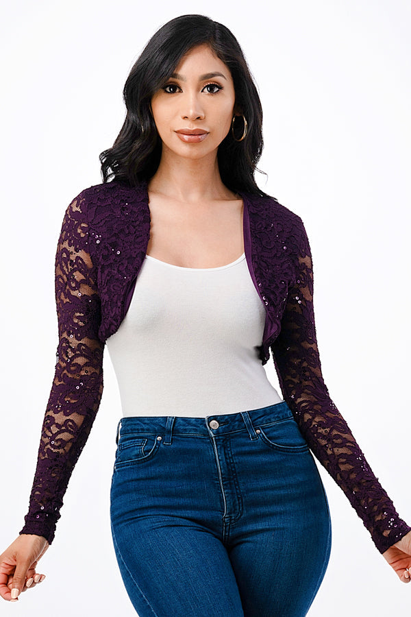 Sequence Lace, draped neckline, long sleeve, open front, cropped jacket. Lace shrug Evening bolero