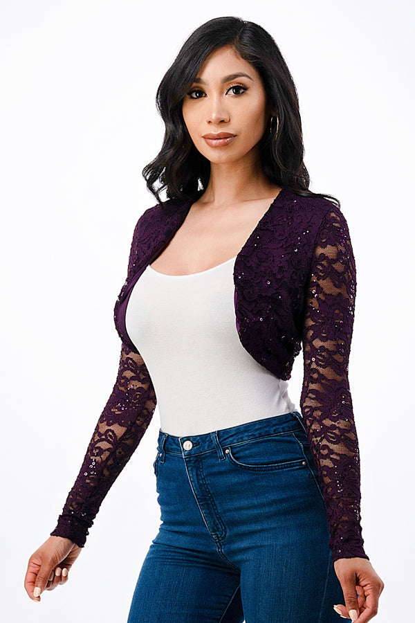 Sequence Lace, draped neckline, long sleeve, open front, cropped jacket. Lace shrug Evening bolero