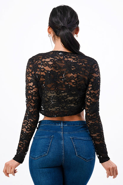 Sequence Lace, draped neckline, long sleeve, open front, cropped jacket. Lace shrug Evening bolero