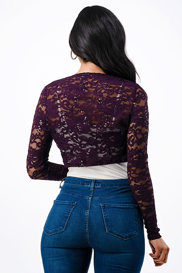 Sequence Lace, draped neckline, long sleeve, open front, cropped jacket. Lace shrug Evening bolero