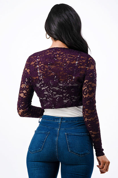 Sequence Lace, draped neckline, long sleeve, open front, cropped jacket. Lace shrug Evening bolero