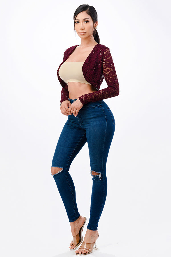 Sequence Lace, draped neckline, long sleeve, open front, cropped jacket. Lace shrug Evening bolero