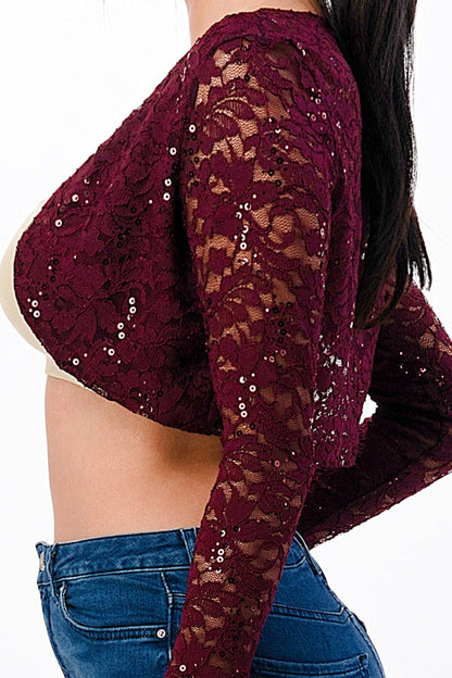 Sequence Lace, draped neckline, long sleeve, open front, cropped jacket. Lace shrug Evening bolero