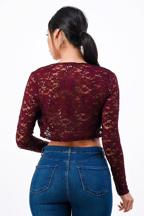 Sequence Lace, draped neckline, long sleeve, open front, cropped jacket. Lace shrug Evening bolero