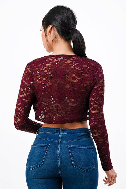 Sequence Lace, draped neckline, long sleeve, open front, cropped jacket. Lace shrug Evening bolero
