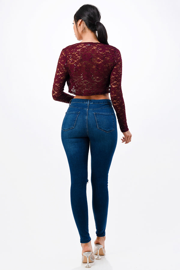 Sequence Lace, draped neckline, long sleeve, open front, cropped jacket. Lace shrug Evening bolero