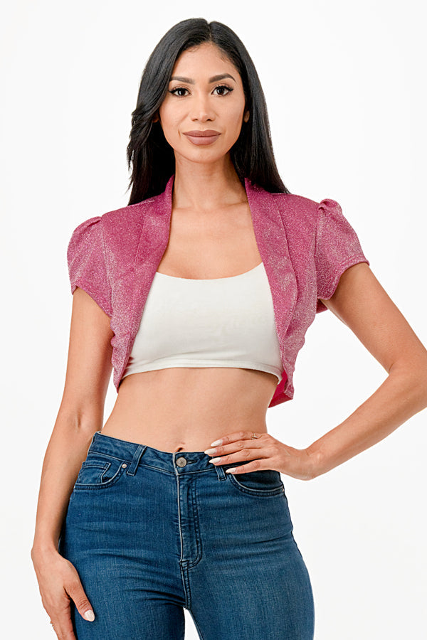 Sparkling Jacquard cropped shrug bolero with open front and cap sleeves