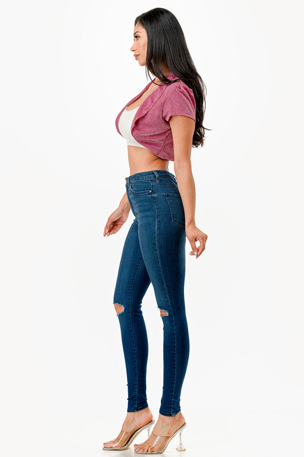 Sparkling Jacquard cropped shrug bolero with open front and cap sleeves