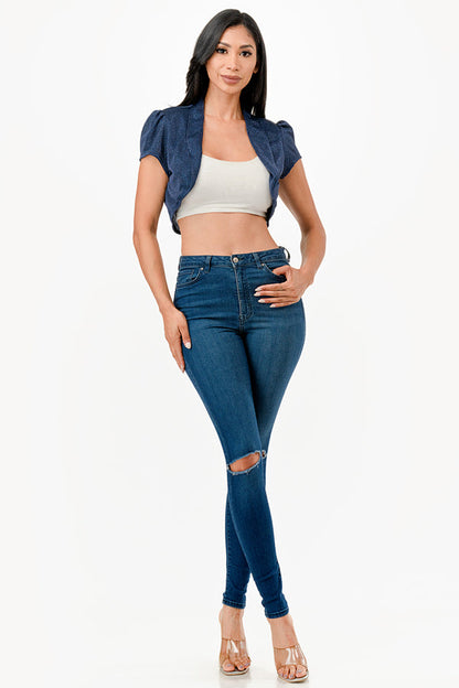 Sparkling Jacquard cropped shrug bolero with open front and cap sleeves
