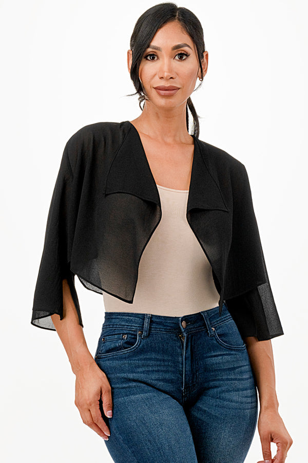 Sheer Chiffon Bolero with cascading front opening and wide elbow length sleeves with slit