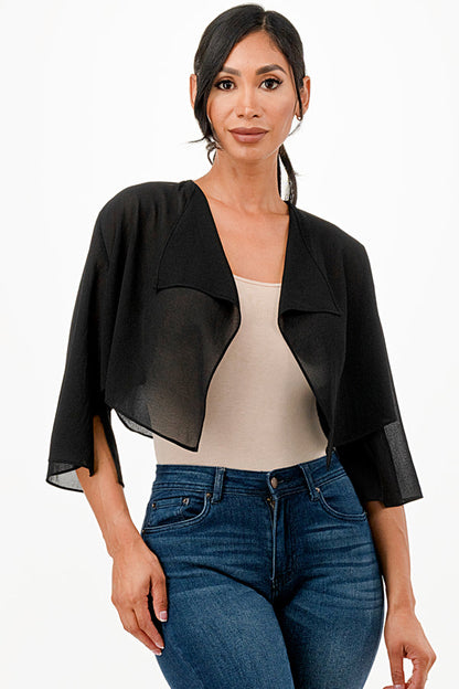 Sheer Chiffon Bolero with cascading front opening and wide elbow length sleeves with slit