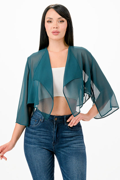 Sheer Chiffon Bolero with cascading front opening and wide elbow length sleeves with slit