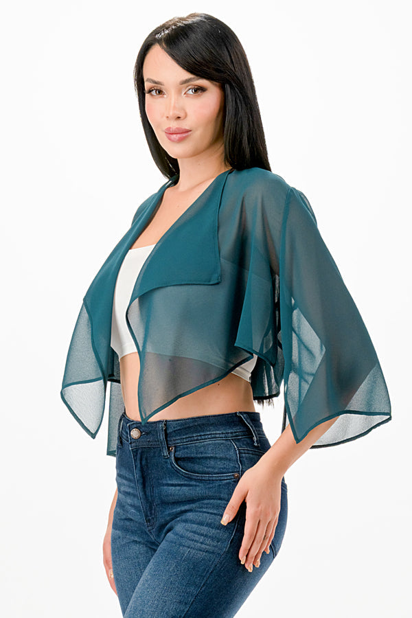 Sheer Chiffon Bolero with cascading front opening and wide elbow length sleeves with slit