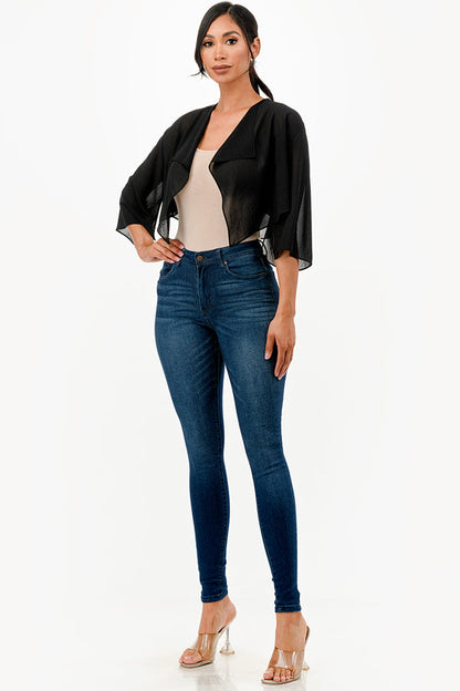 Sheer Chiffon Bolero with cascading front opening and wide elbow length sleeves with slit
