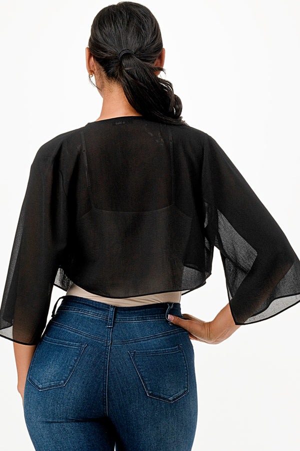 Sheer Chiffon Bolero with cascading front opening and wide elbow length sleeves with slit