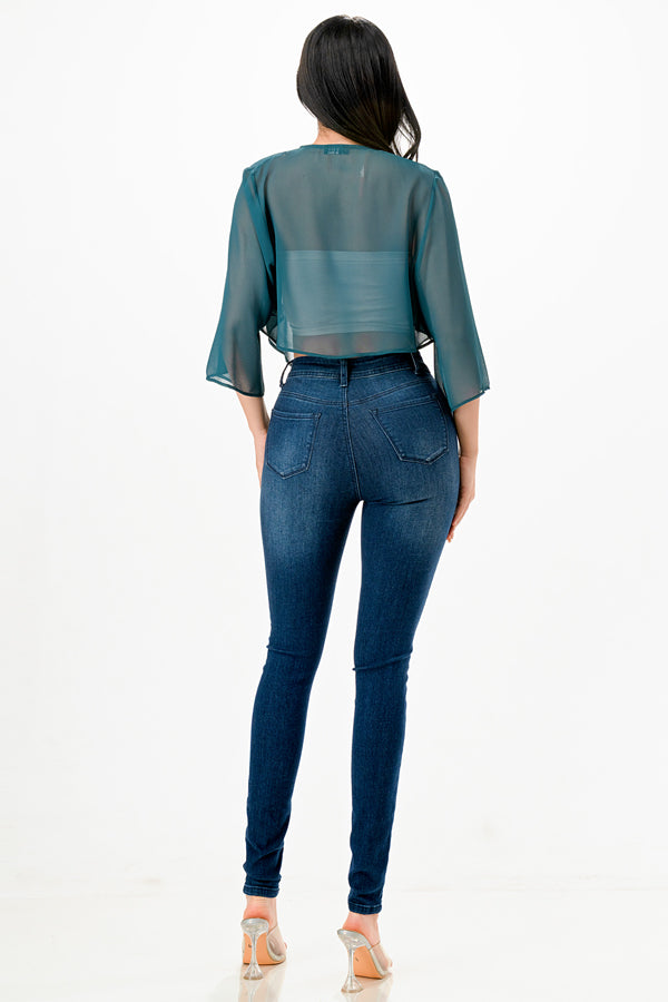Sheer Chiffon Bolero with cascading front opening and wide elbow length sleeves with slit