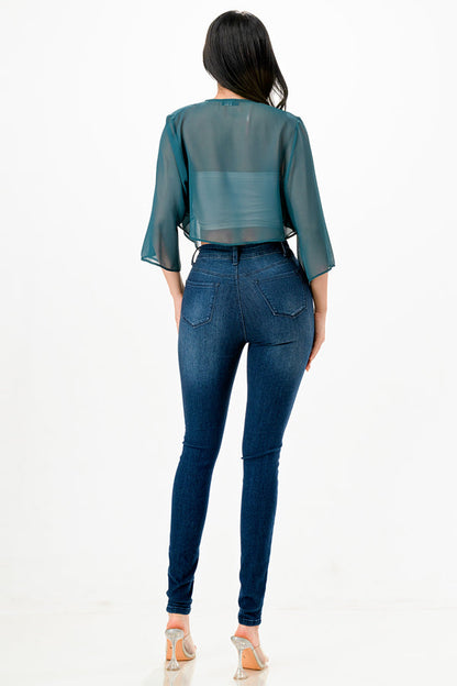 Sheer Chiffon Bolero with cascading front opening and wide elbow length sleeves with slit