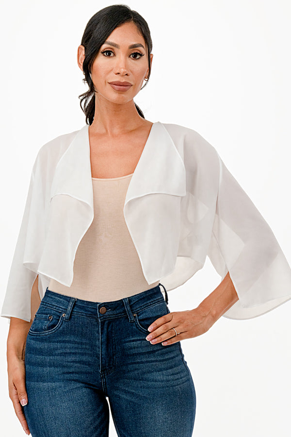 Sheer Chiffon Bolero with cascading front opening and wide elbow length sleeves with slit
