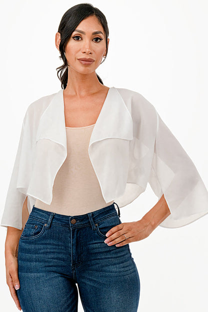 Sheer Chiffon Bolero with cascading front opening and wide elbow length sleeves with slit
